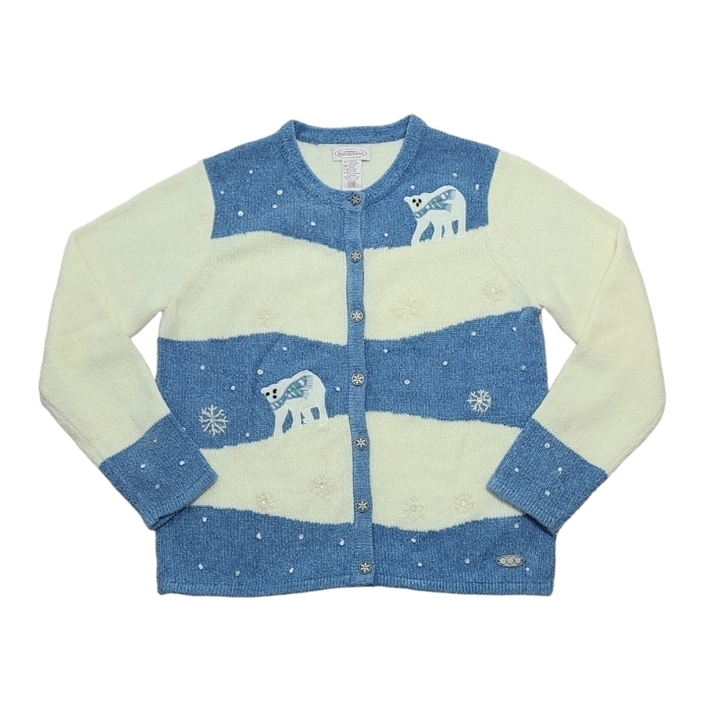 Vtg Northern Reflections Blue & Cream Polar Bear Embellished Cotton Cardigan M